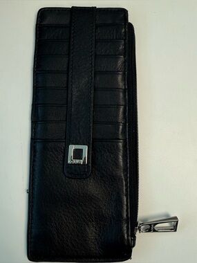 LODIS Black Leather Card Holder Wallet with ID Pocket and Zip Coin Pocket